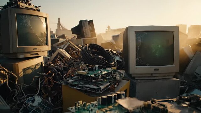 Computer waste fills dump with monitors and keyboards at sunset. Electronic recycling shows computer parts. Waste disposal with monitors. Computer dump has keyboards and electronic waste.