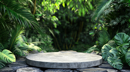 Natural stone and concrete podium on a green background, perfect for product presentations, packaging displays, or showcasing items in a clean, minimal, and natural setting