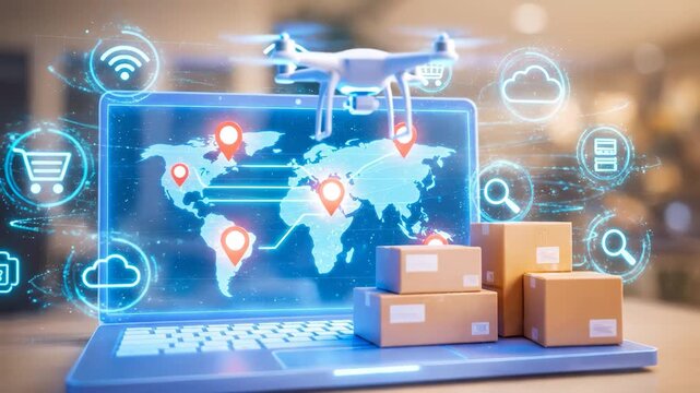 Laptop projecting holographic world map with delivery drone, shipping boxes and glowing route pins for global e-commerce logistics