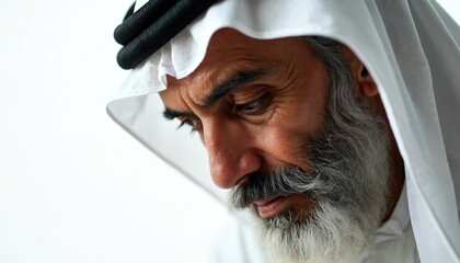 Elderly Arab man wears traditional white headwear, dark ghutra. Senior Middle Eastern male with grey beard, mustache looks down thoughtfully. Dignified Muslim gentleman with thoughtful expression,