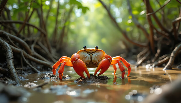 Orange fiddler crab moves through shallow water and mud in a mangrove forest. Its large claw is raised. The crab has stalked eyes and walks on several legs.