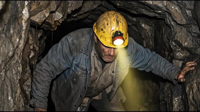 Male miner wearing a hard hat and headlamp navigating a narrow underground tunnel. Industrial worker crawling through a dark rocky mine shaft. Subterranean exploration concept