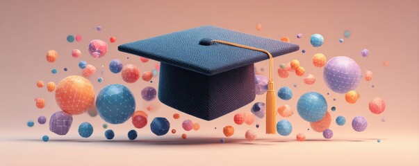 A digital illustration featuring a graduation cap surrounded by colorful abstract spheres, symbolizing education and achievement