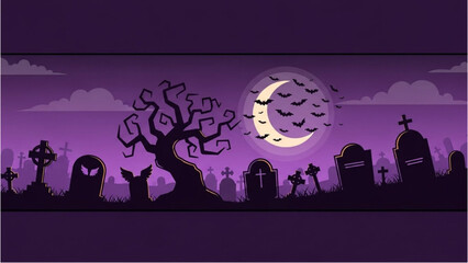 A haunted graveyard scene at night with a full moon, ghostly silhouettes, and a bare tree under a purple sky