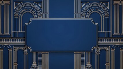 Elegant architectural design with a blank central frame against a blue backdrop