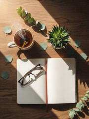 Open notebook with eyeglasses, steaming tea, and green plants on a sunlit wooden table, evoking a peaceful moment.