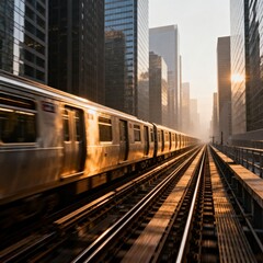 Train moving through city skyscrapers