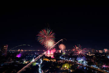 New year firework celebration in Chiang mai city, Thailand for background usage.