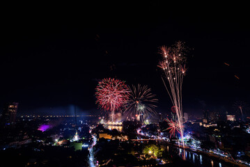 New year firework celebration in Chiang mai city, Thailand for background usage.