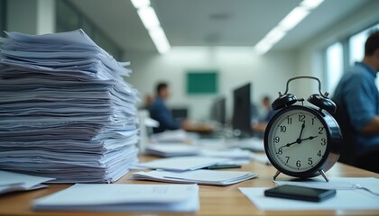 Alarm clock and tall paper stack on desk. Busy office workers in background. Deadline approaching, time pressure, excessive workload, and disorganization.