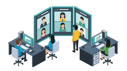 Isometric illustration of business team in an office, collaborating through video conference and providing online support.