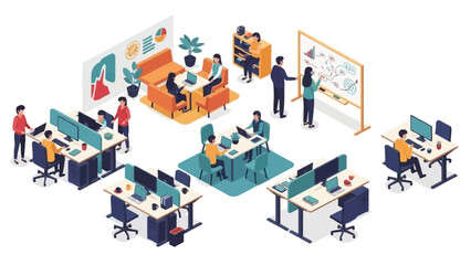 Modern office workspace illustration with professionals collaborating and working on various projects.