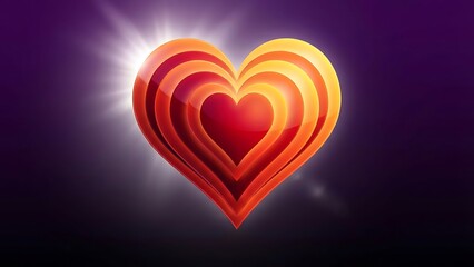 Glowing multilayered heart shape with radiant light on purple background