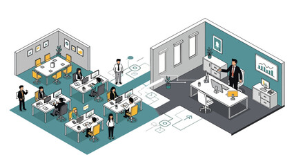 Business professionals collaborating and managing data flow in a modern corporate office, isometric illustration.