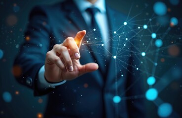 Man in suit touches glowing network. Futuristic digital connections expand from his fingertip. Abstract data points form web, representing global information or AI.