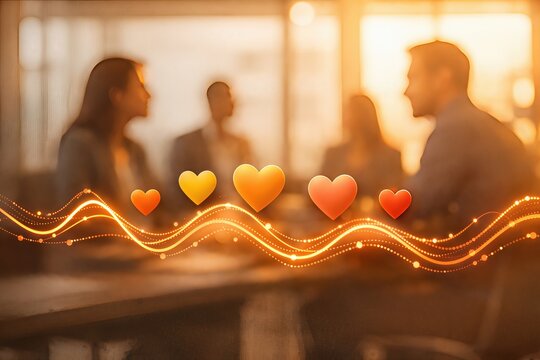 Collaborative synergy infused with warmth in a dynamic workspace surrounded by heart icons symbolizing emotional connection and professional relationships enhancing teamwork dynamics