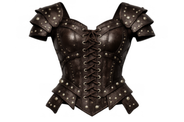 Dark brown studded leather corset armor for female warrior, fantasy costume with shoulder pauldrons and lacing, transparent background
