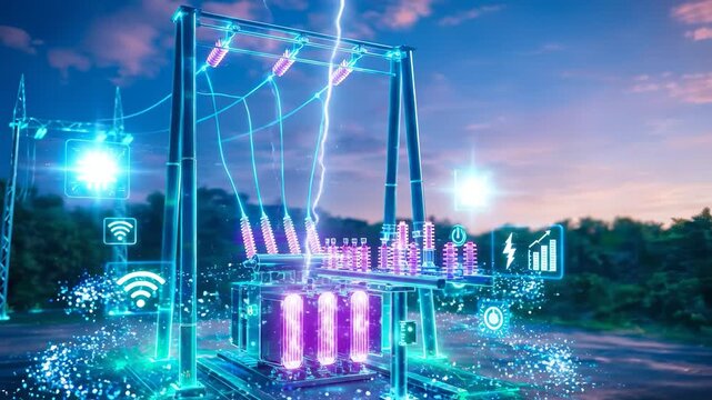 Smart electrical grid power transformer substation with neon holographic circuits and city skyline for advanced renewable energy management