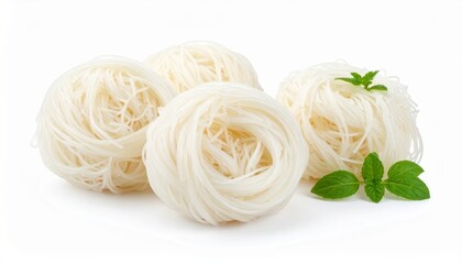 Noodles: Exquisite, delicate noodles, expertly arranged. A culinary masterpiece with a fresh sprig of green, creating a visual delight.