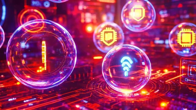 Smart IoT and cybersecurity network with glass spheres, Wi-Fi connectivity, automation gears, microchip and secure digital circuit board