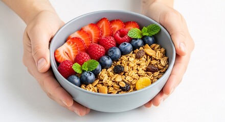 Healthy breakfast bowl with fresh strawberries blueberries granola and mint leaves in a white ceramic bowl held by two hands on a white background perfect for promoting nutritious eating