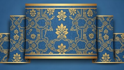 Elegant blue and gold decorative design with floral patterns and ornate detail
