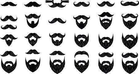 Vintage mustache and beard collection set with various facial hair styles for barber shop branding masculine grooming and hipster character design