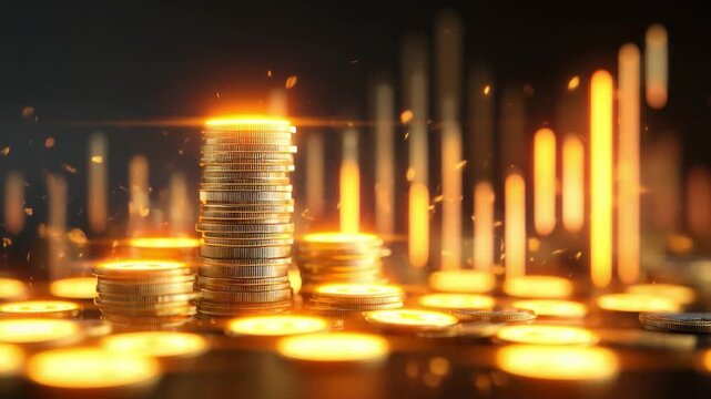 Golden Coins and Rising Trends: A stack of gleaming golden coins symbolizes wealth and prosperity, against a backdrop of dynamic financial data rising, indicating economic growth and investment.
