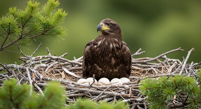 Majestic eagle sitting on its nest with white eggs surrounded by lush green pine branches in a natural outdoor setting for wildlife and nature enthusiasts