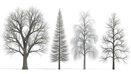 Obraz premium Winter Trees Silhouette Set Bare Trees, Forest, Isolated on White Background