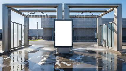 Car Wash Entrance with Blank Vertical Advertising Panel Mockup