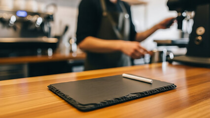 Coffee Shop Pickup Counter with Blank Chalkboard Slate Mockup