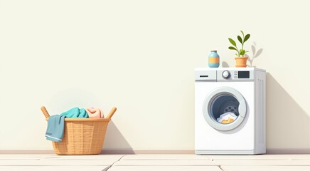 Washing machine and a basket with a plant on it copy space