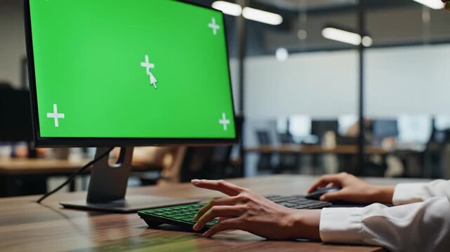 Office Computer Monitor With Green Screen Used for Professional Video Production Setup
