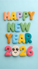 Happy New Year 2026 cute plush typography, fluffy yarn letters with friendly cartoon faces, bright colorful design, smooth solid background, handmade toy aesthetic, vibrant lighting, fun celebration s