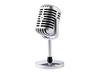 Fototapeta premium Classic chrome studio microphone with round base and adjustable stand for recording