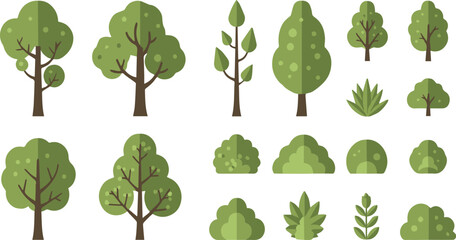 Collection of Flat Design Green Trees and Bushes on a White Background plants nature