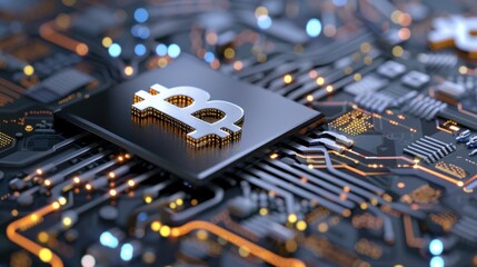 Detailed Close-Up of Bitcoin Symbol on Circuit Board with Illuminated Microchip Background for Cryptocurrency Theme
