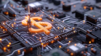 Digital Circuit Board with Bright Dollar Symbol Highlighting Financial Technology and Innovation Concepts