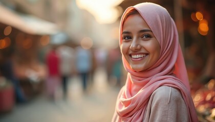 Happy Muslim woman smiles warmly, wearing a pink hijab in a noisy outdoor market during golden hour. She radiates joy and positivity, looking directly at the camera with a bright expression.