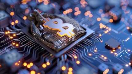 Detailed Close-up of Cryptocurrency Symbol on Circuit Board with Illuminated Components and Futuristic Background