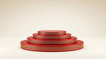Elegant red and gold tiered display podium with geometric patterns on neutral background