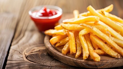 Crispy French Fries Served on Wooden Plate Next to Bowl of Fresh Ketchup for Delicious Snacking Experience