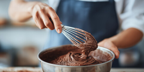 Chef whisking rich chocolate batter in a metal bowl, preparing homemade dessert in a professional kitchen