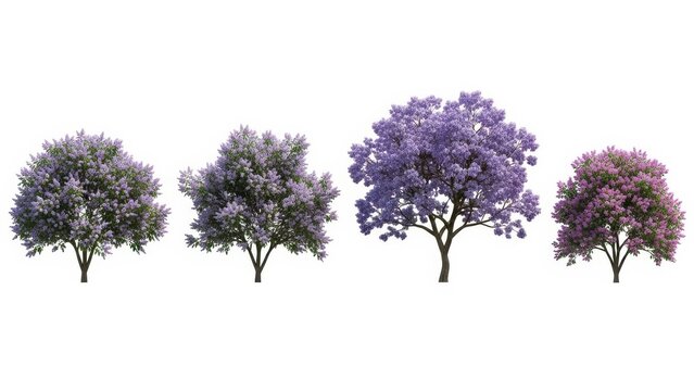 Jacaranda Trees Set Isolated on White, Purple Flowers, Spring Background