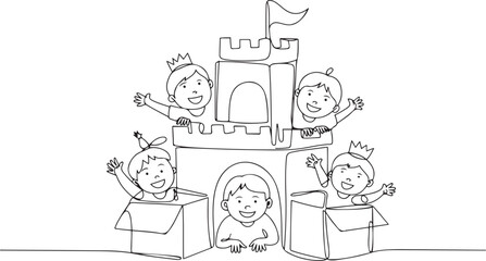 Obraz premium drawing kids with cardboard castle for school play. Cheerful children playing in castle made of cardboard boxes. Creative kid playing castle.one line vector illustration with out background