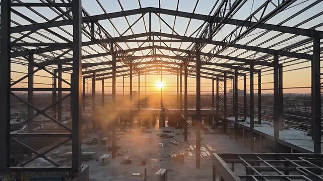 Steel Structure Construction Frame at Sunset with Architectural Details