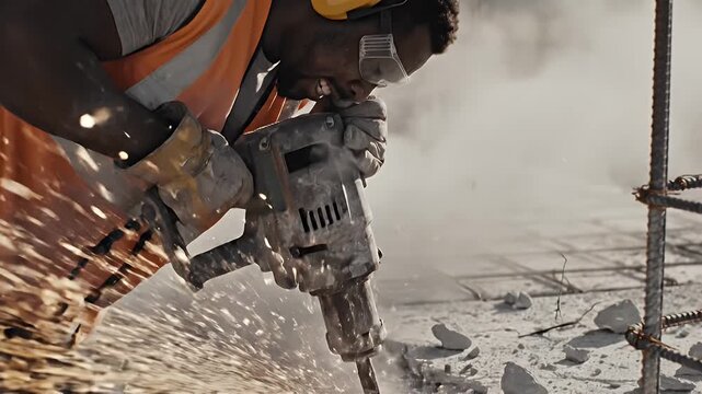 Construction Worker Using Jackhammer on Concrete Surface Sparks Flying Away