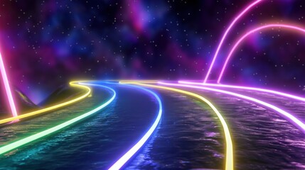Neon Light Pathway in a Cosmic Landscape Under the Starry Sky and Colorful Abstract Background