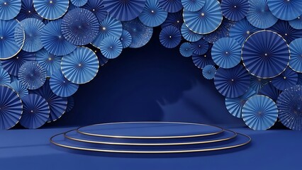 Elegant blue stage with decorative paper fans for product presentation